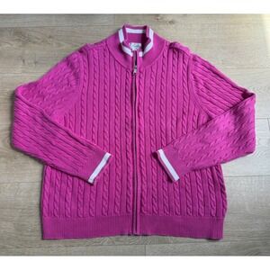 EUC Womens FOXCROFT cable knit pink 100% cotton Full zip up sweater size XXL